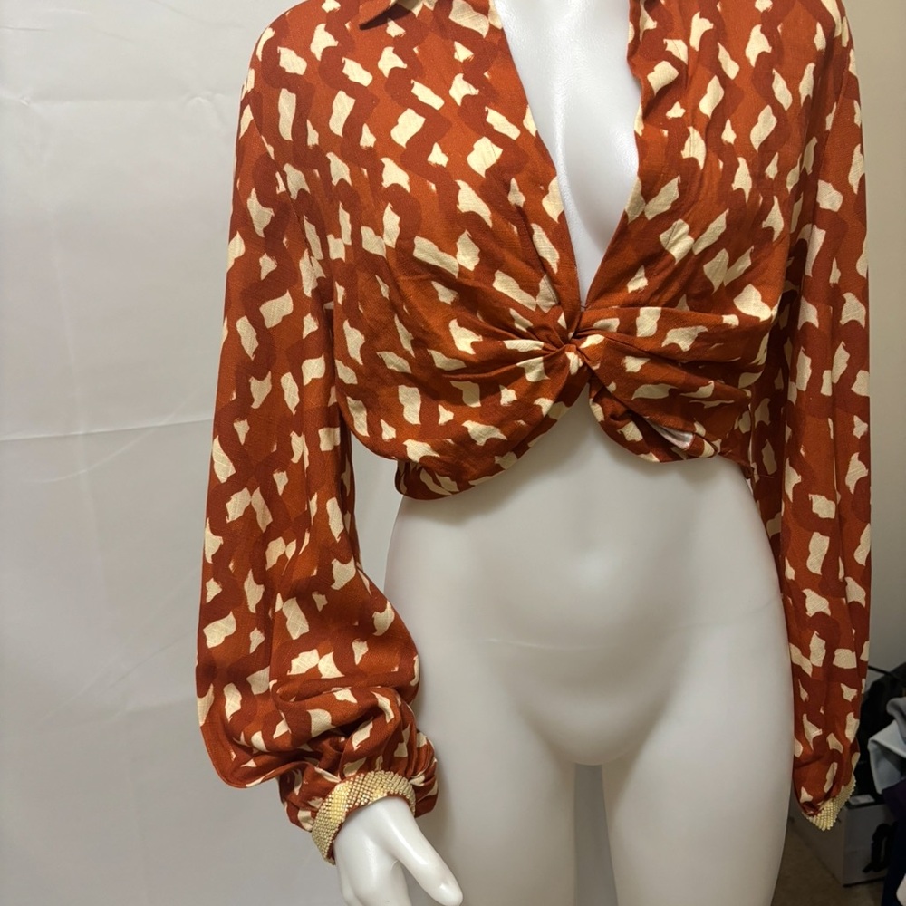 Women's New Zara Rust and Cream Twist Front Top Size S